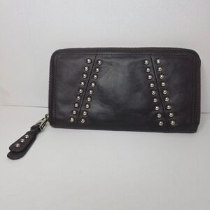 B. MAKOWSKY Dark‎ Brown Leather Zip Around Wallet Studded Accents Wristlet Strap